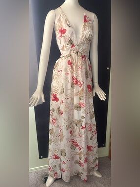 Fashion Nova Cream Floral Maxi Dress with Red Accents